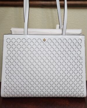 Tory Burch Emerson Perforated Leather Tote Bag Handbag Optic White Large NWT